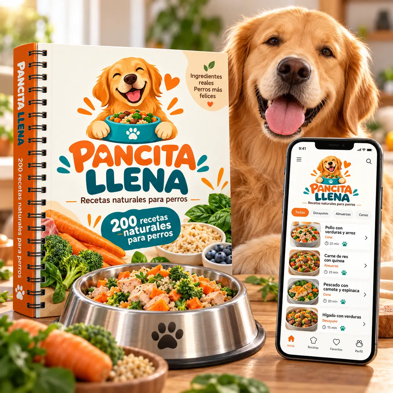 Kit Pancita Llena: libro de 200 recetas naturales para perros, plato de comida natural y acceso desde el celular
